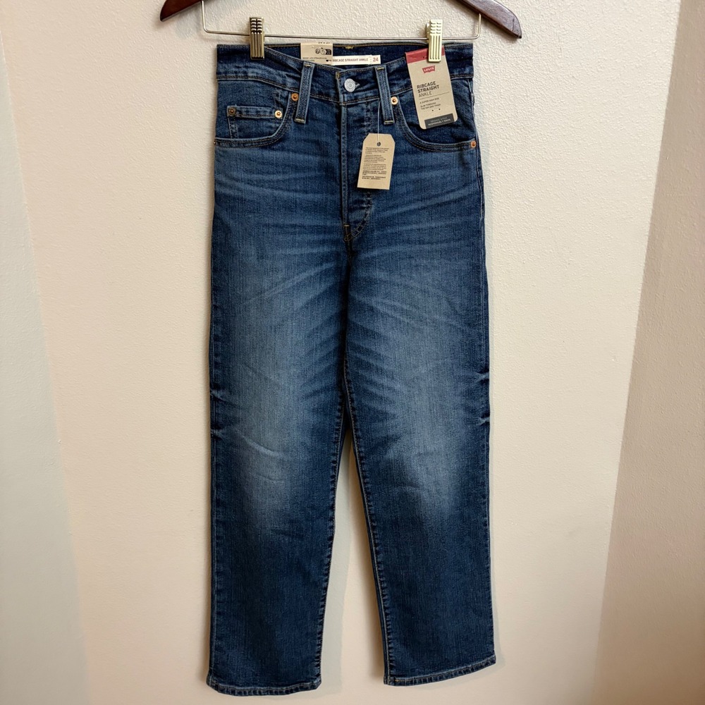 Levi's Ribcage Straight Ankle Jeans 24 NWT Super High Rise Dark Wash Denim